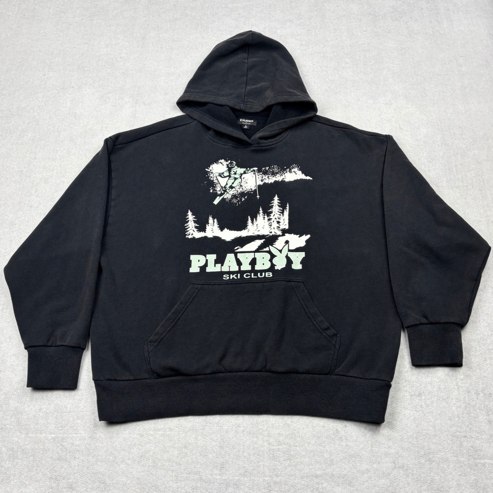 Playboy by PacSun Mens Ski Club Graphic Hoodie Black Medium Fleece Sweatshirt